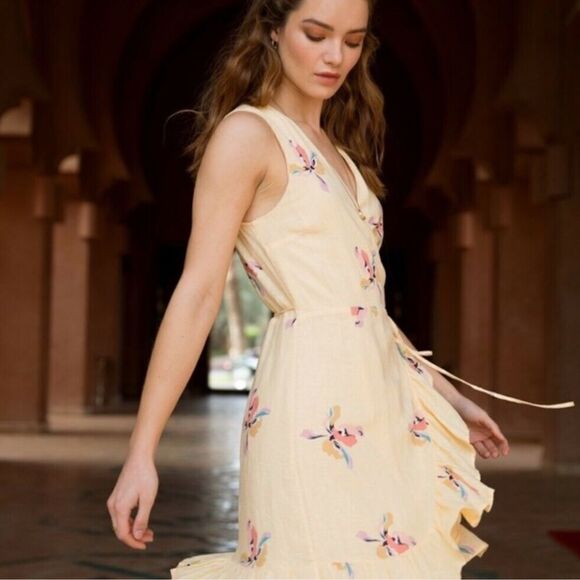 RAILS Madison Floral Linen Flounce Wrap Yellow Dress in Eden Sz S - Picture 13 of 15